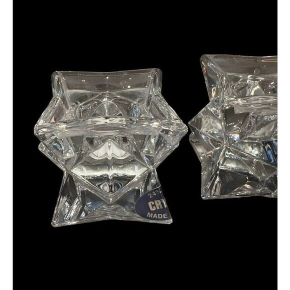 Star Glass Candle Taper Holder 24 % Lead Crystal Stackable Clear pair - Picture 3 of 6